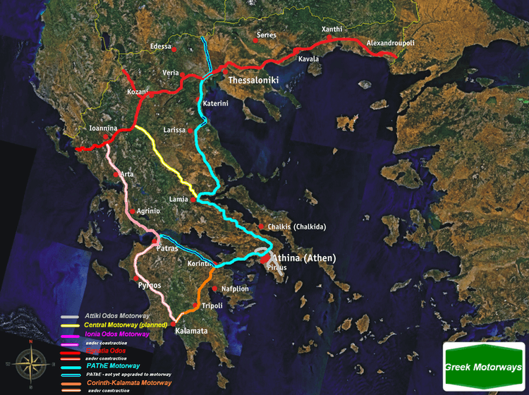 a map of Greece with the different motorway routes shown in different colours