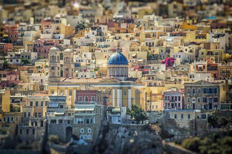 The view of Ermoupolis in Syros from the sea